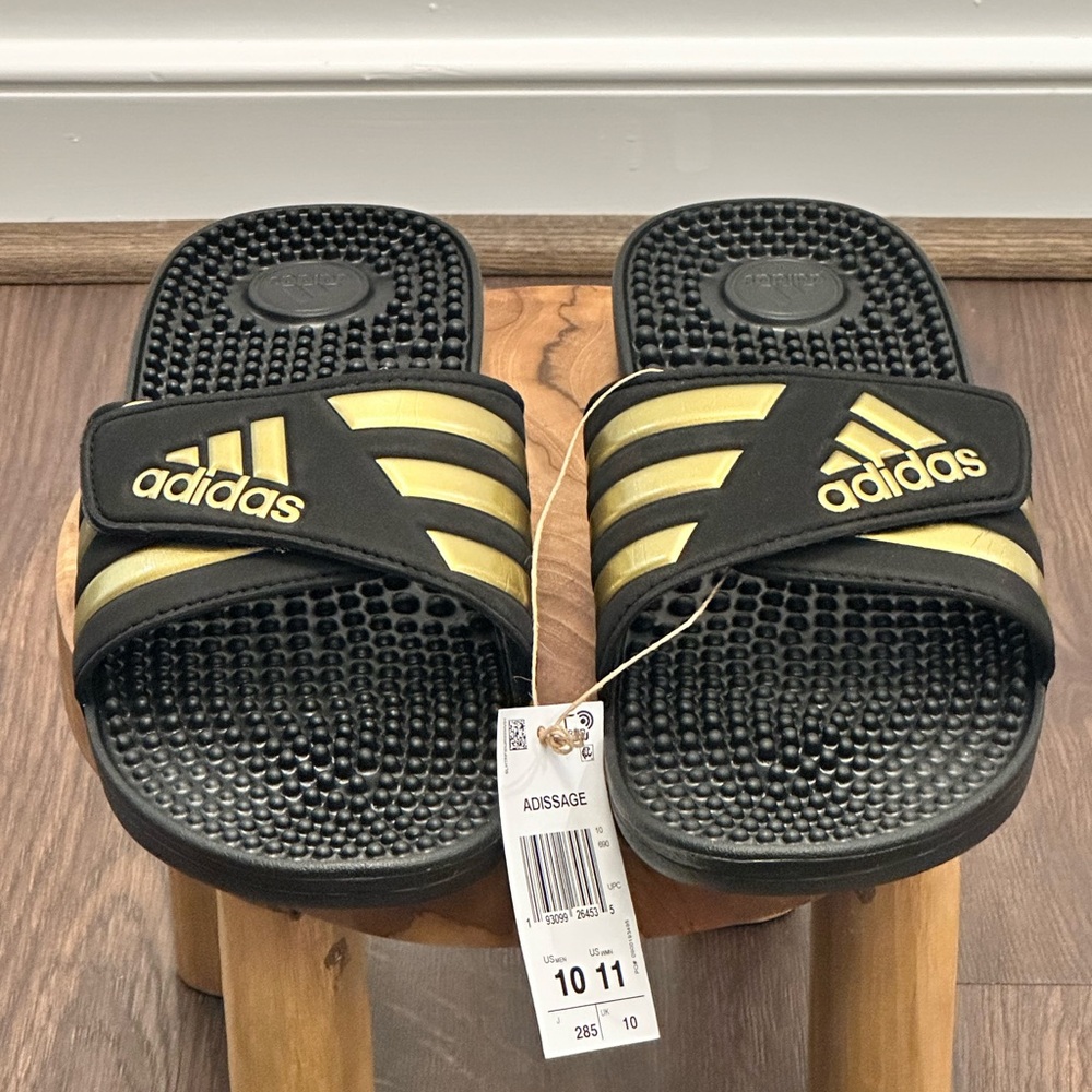 Adidas Adissage Slides Male Size 10 | Female Size 11, Black Gold Stripes Sandals